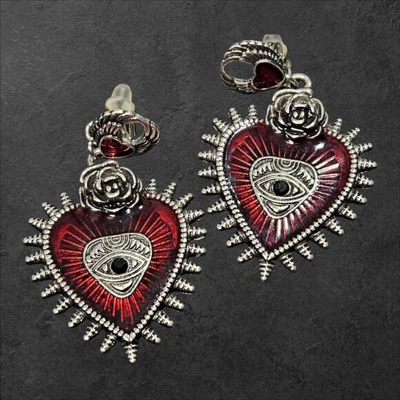 Love All Seing Dangle Earrings Rose & Heart Spikes Mystical Eye Red Enamel Goth - Picture 1 of 15